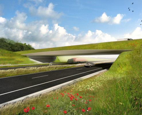 viaduct met begroeide brugranden, natuurlijke doorloop begroeiing, modern ontwerp, design door ipv Delft