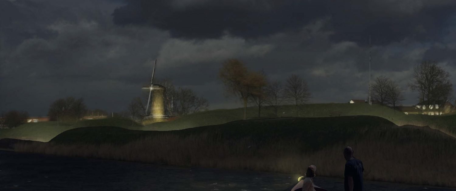 lichtvisie 's nachts Hellevoetsluis, lichtontwerp door ipv Delft, zicht vanaf het water