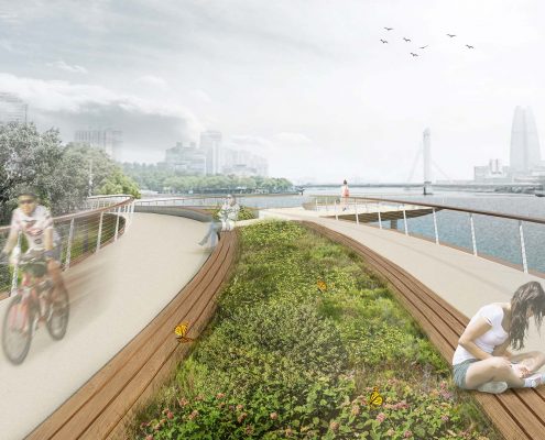 Jangxia Park Ningbo brugontwerp groenstrook zitgelegenheid fietsbrug voetgangersbrug