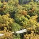 bovenaanzicht vogelvlucht fietsbelevenis in het bos, ontwerp cirkelvormig fietspad tussen boomtoppen