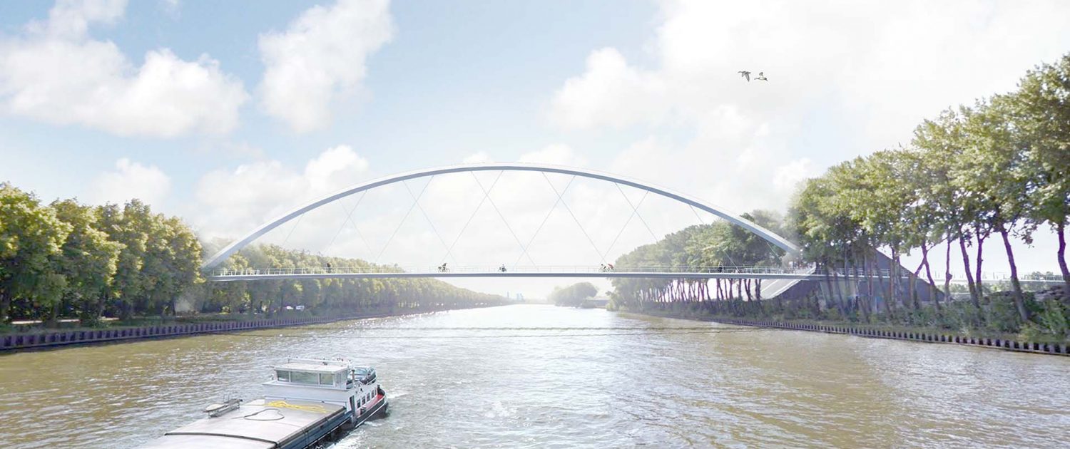 wateraanzicht schets fietsbrug ontwerp voor Geesinkbrug over Amsterdam Rijnkanaal