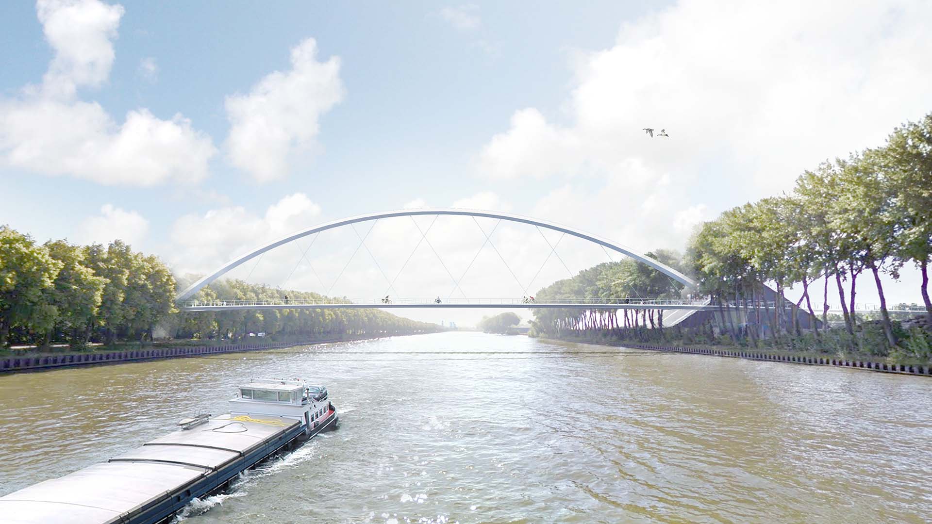 wateraanzicht schets fietsbrug ontwerp voor Geesinkbrug over Amsterdam Rijnkanaal