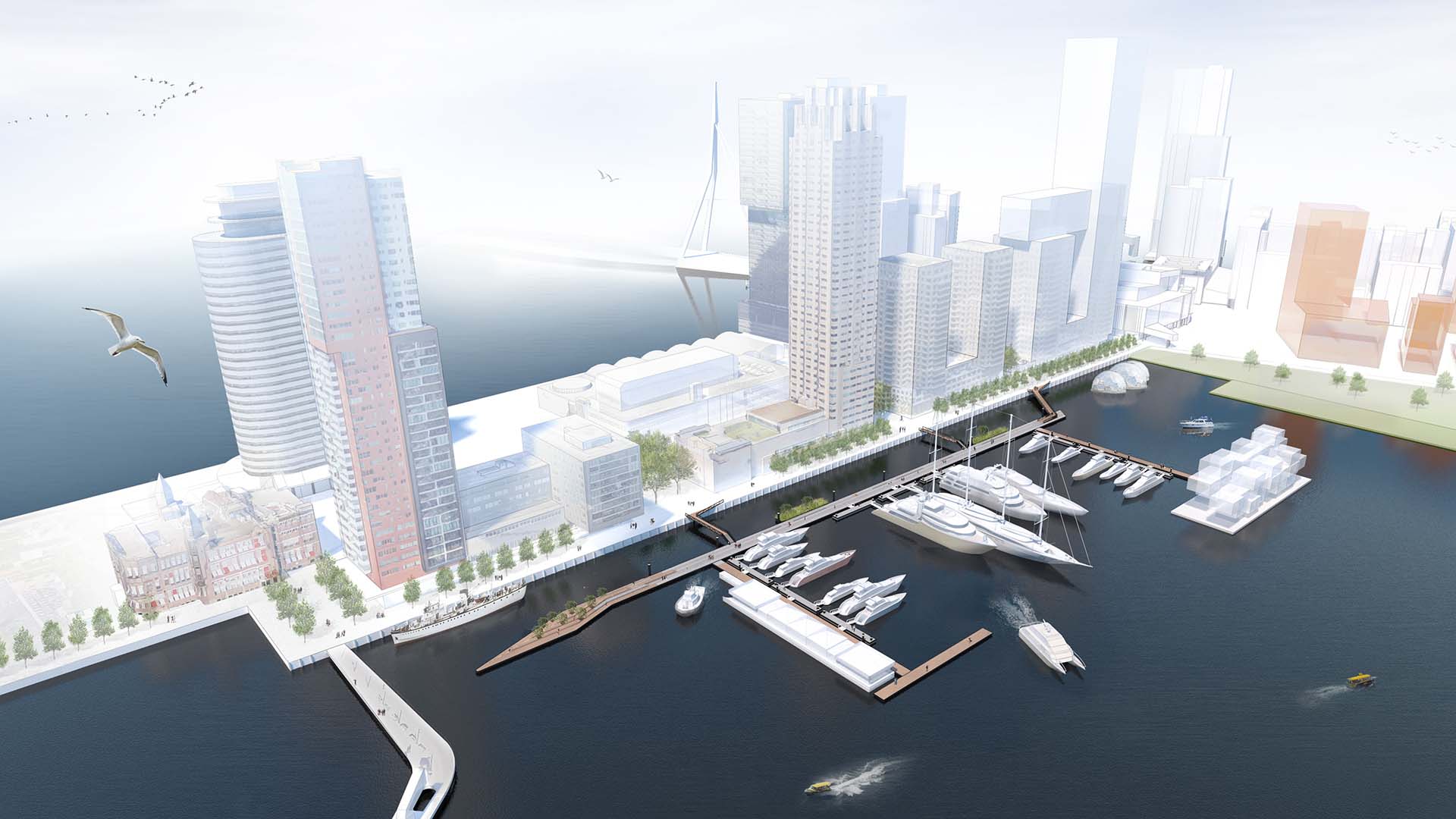 Vogelvlucht aanlegsteigers superjachten haven Rotterdam ontwerp artist impression